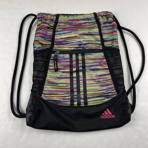 Adidas Drawstring Bag Backpack Women's Colorful Triple Stripe Logo Zip Pocket - Picture 1 of 12
